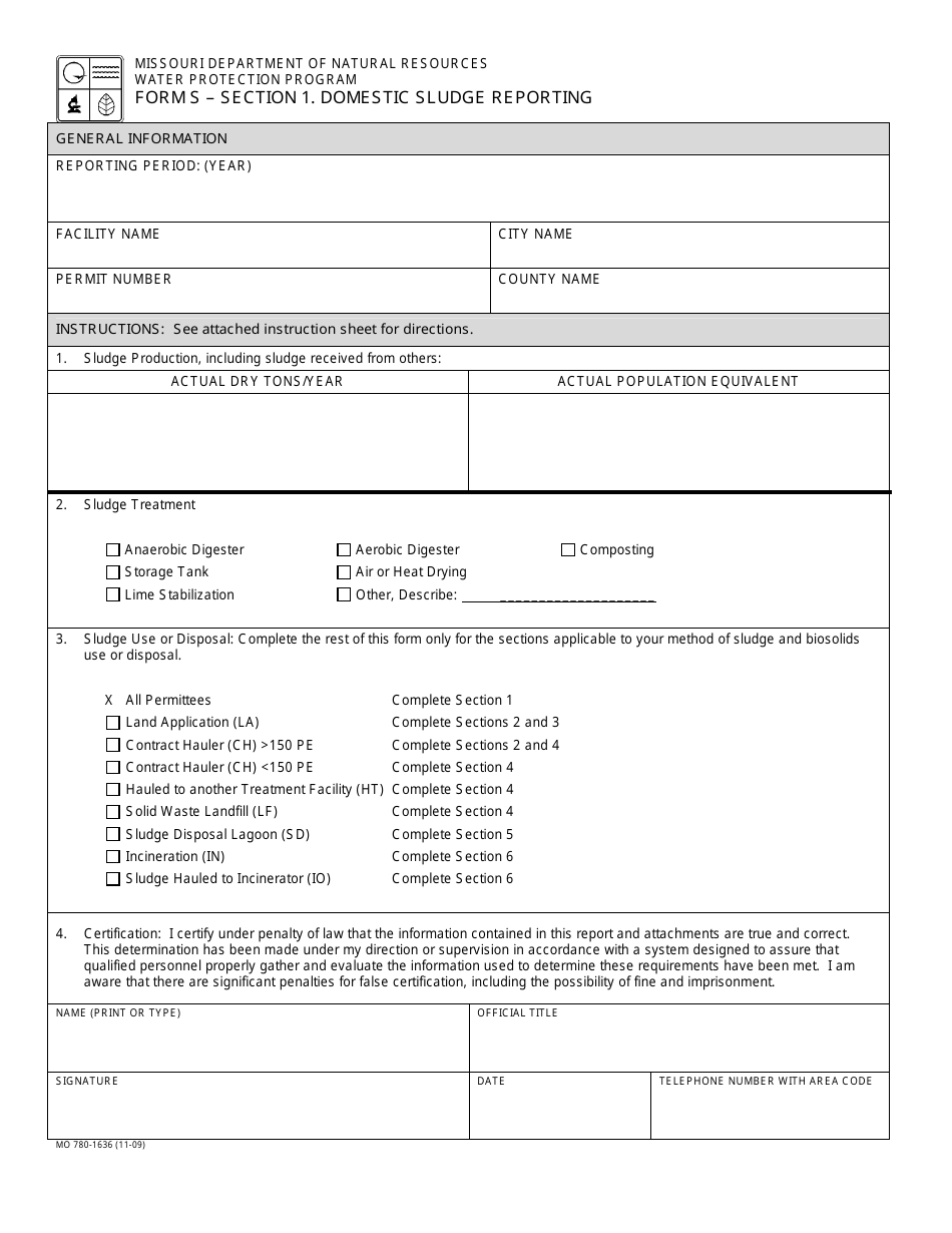 Form S (MO780-1636) Section 1 Domestic Sludge Reporting - Missouri, Page 1