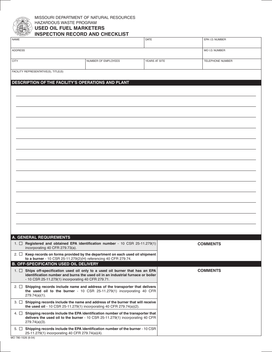 Form MO780-1526 Used Oil Fuel Marketers Inspection and Record Checklist - Missouri, Page 1