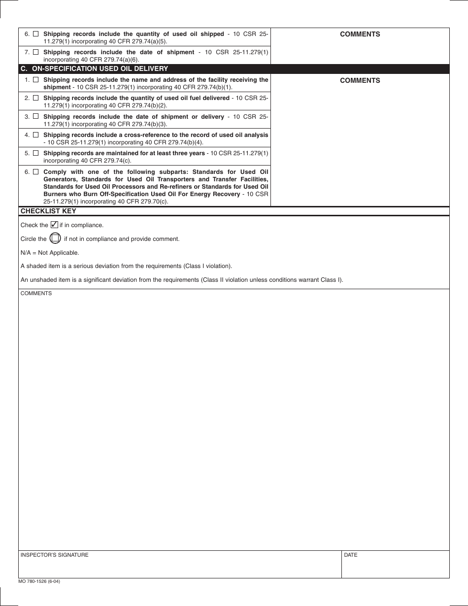 Form MO780-1526 Used Oil Fuel Marketers Inspection and Record Checklist - Missouri, Page 2