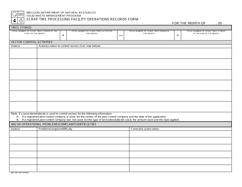 Form MO780-1037 Scrap Tire Processing Facility Operations Records Form - Missouri, Page 1