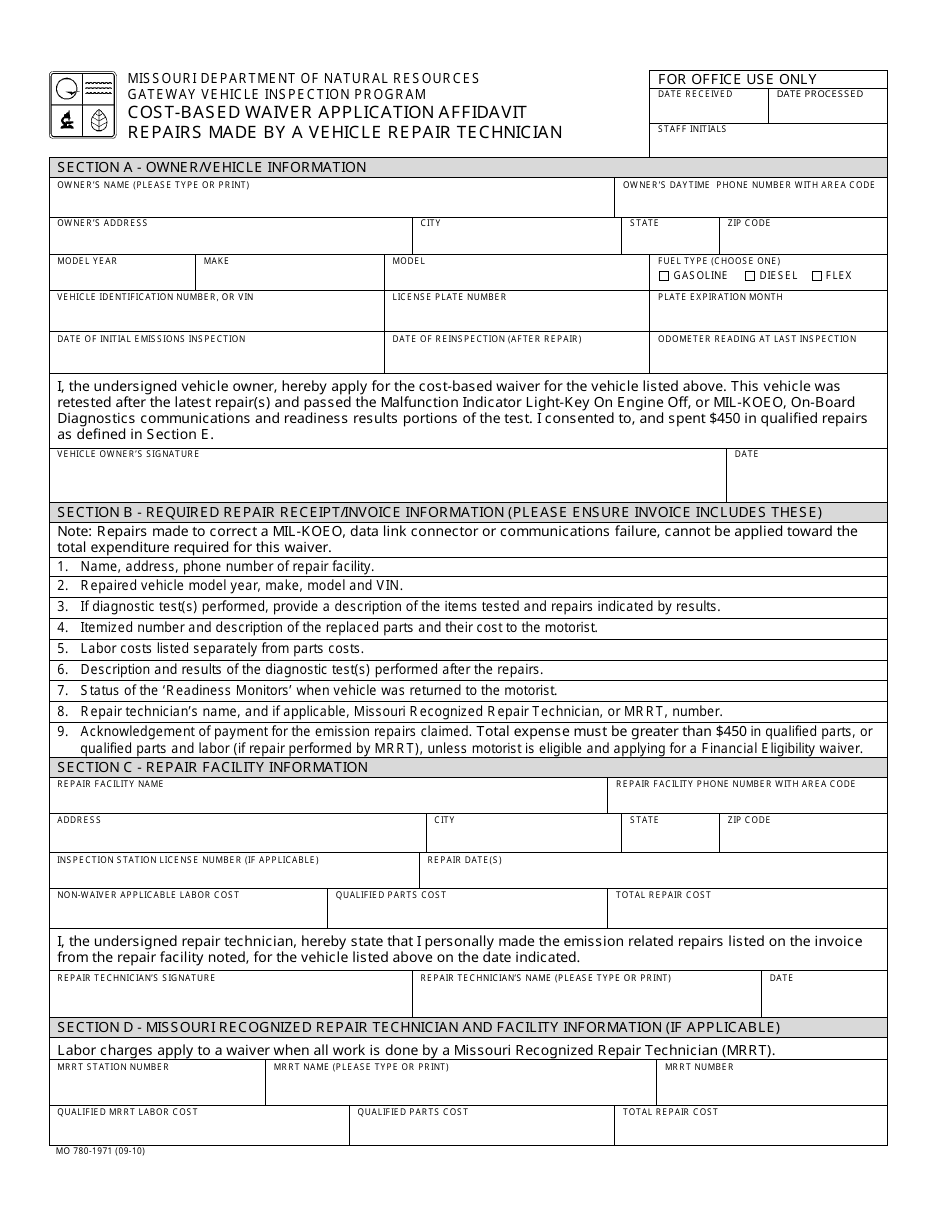 Form MO780-1971 Cost-Based Waiver Application Affidavit - Repairs Made by a Repair Technichian - Missouri, Page 1