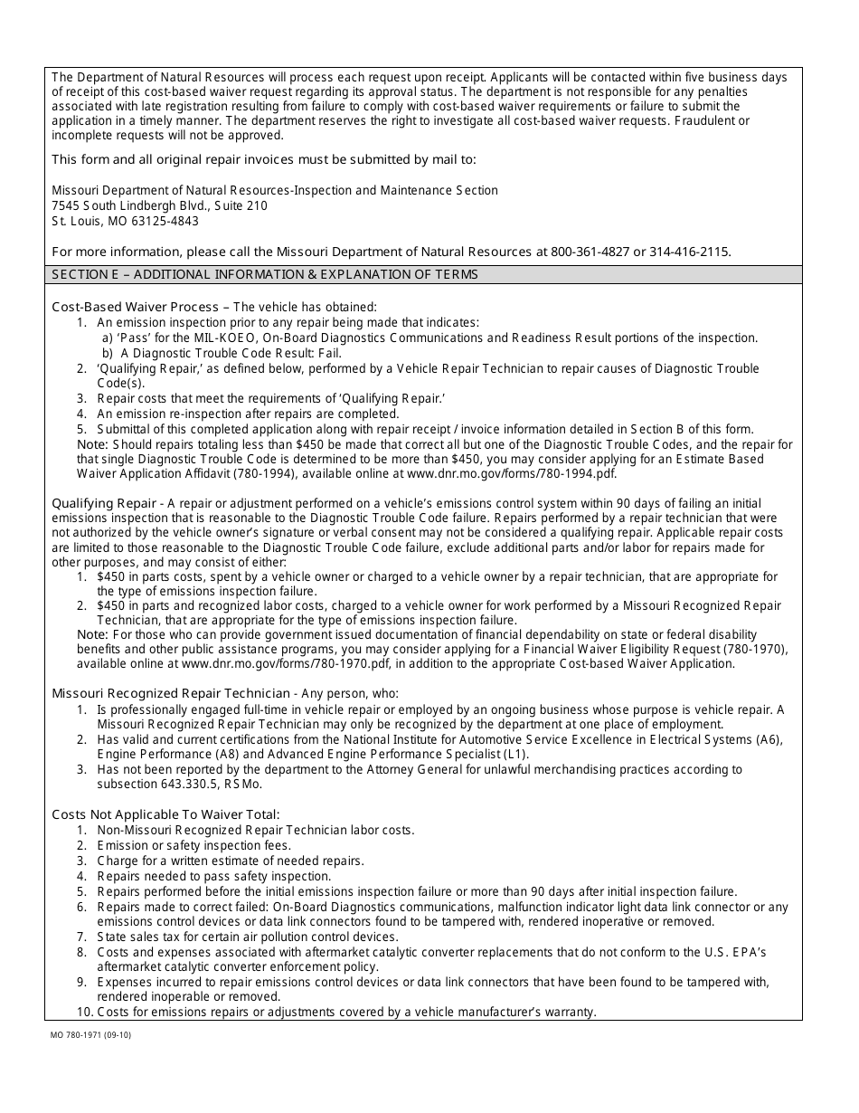 Form MO780-1971 Cost-Based Waiver Application Affidavit - Repairs Made by a Repair Technichian - Missouri, Page 2