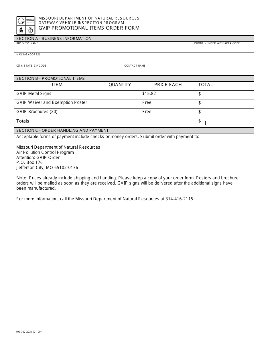 Form MO780-2031 Gvip Promotional Items Order Form - Missouri, Page 1