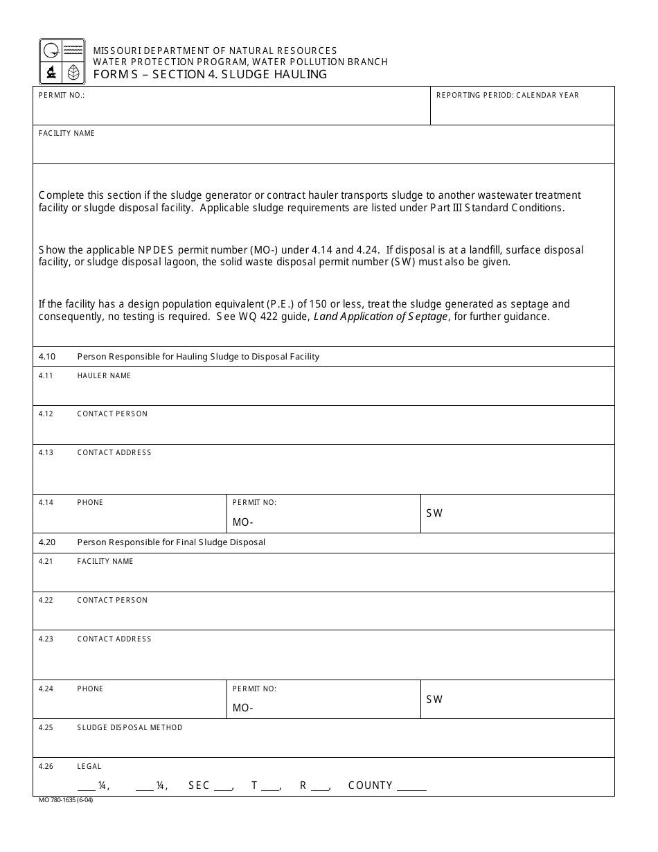 Form MO780-1635 (S) Section 4 - Sludge Hauling - Missouri, Page 1