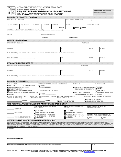 Form MO780-1688 Request for Geohydrologic Evaluation of Liquid-Waste Treatment Facility/Site - Missouri