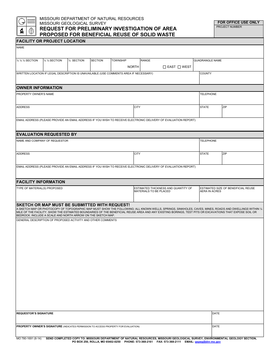 Form MO780-1691 Request for Preliminary Investigation of Area Proposed for Beneficial Reuse of Solid Waste - Missouri, Page 1