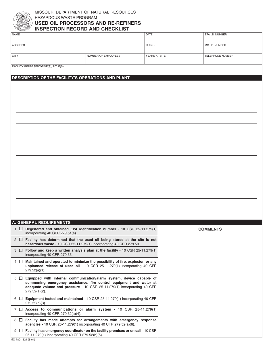 Form MO780-1521 Used Oil Processors and Re-refiners Inspection and Record Checklist - Missouri, Page 1