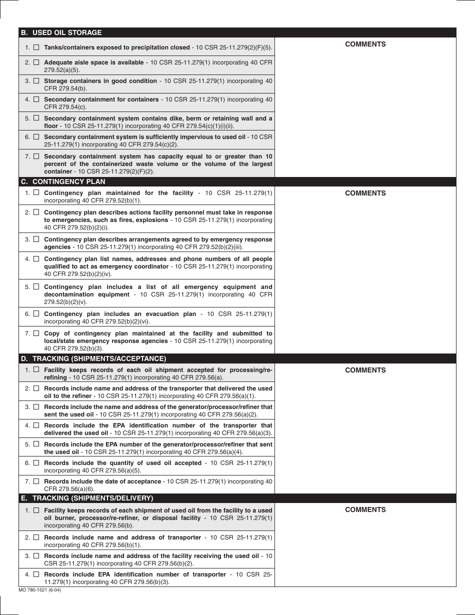 Form MO780-1521 Used Oil Processors and Re-refiners Inspection and Record Checklist - Missouri, Page 2