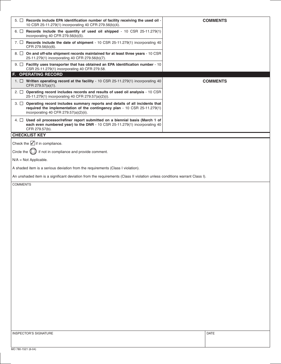 Form MO780-1521 Used Oil Processors and Re-refiners Inspection and Record Checklist - Missouri, Page 3