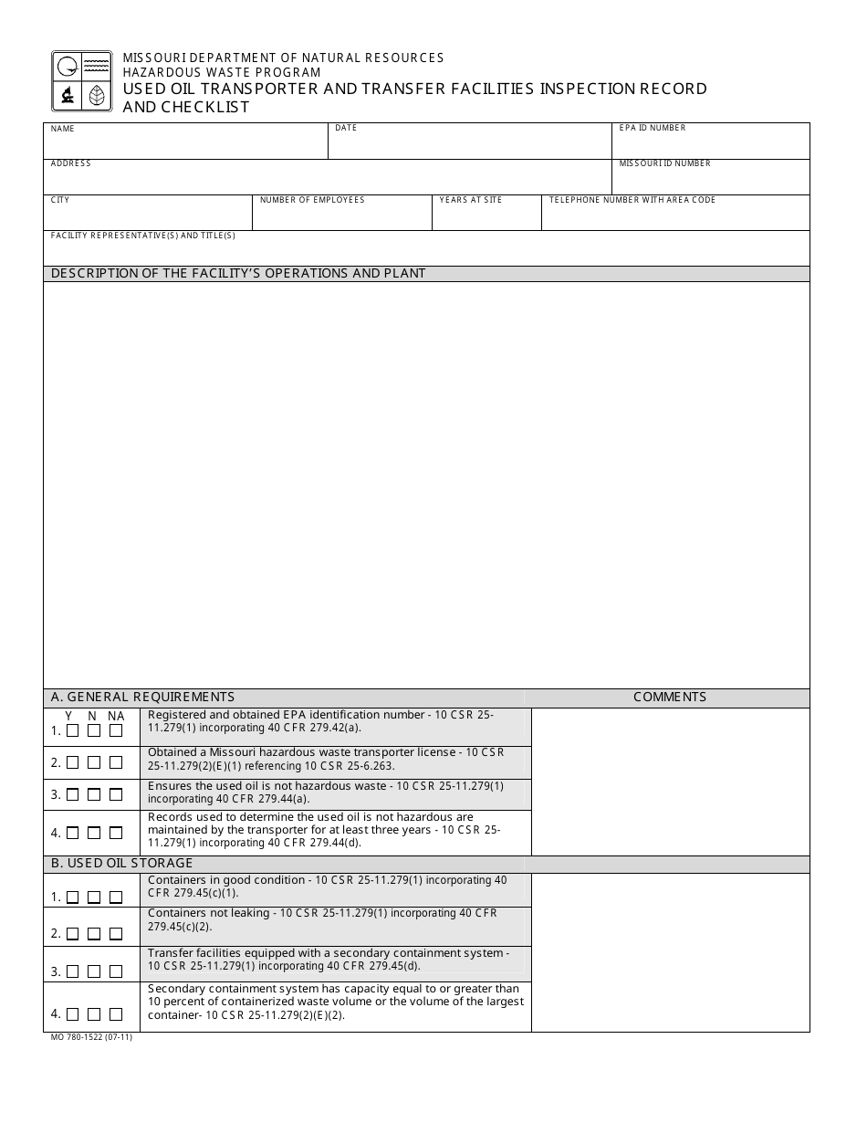 Form MO780-1522 Used Oil Transporter and Transfer Facilities Inspection and Record Checklist - Missouri, Page 1