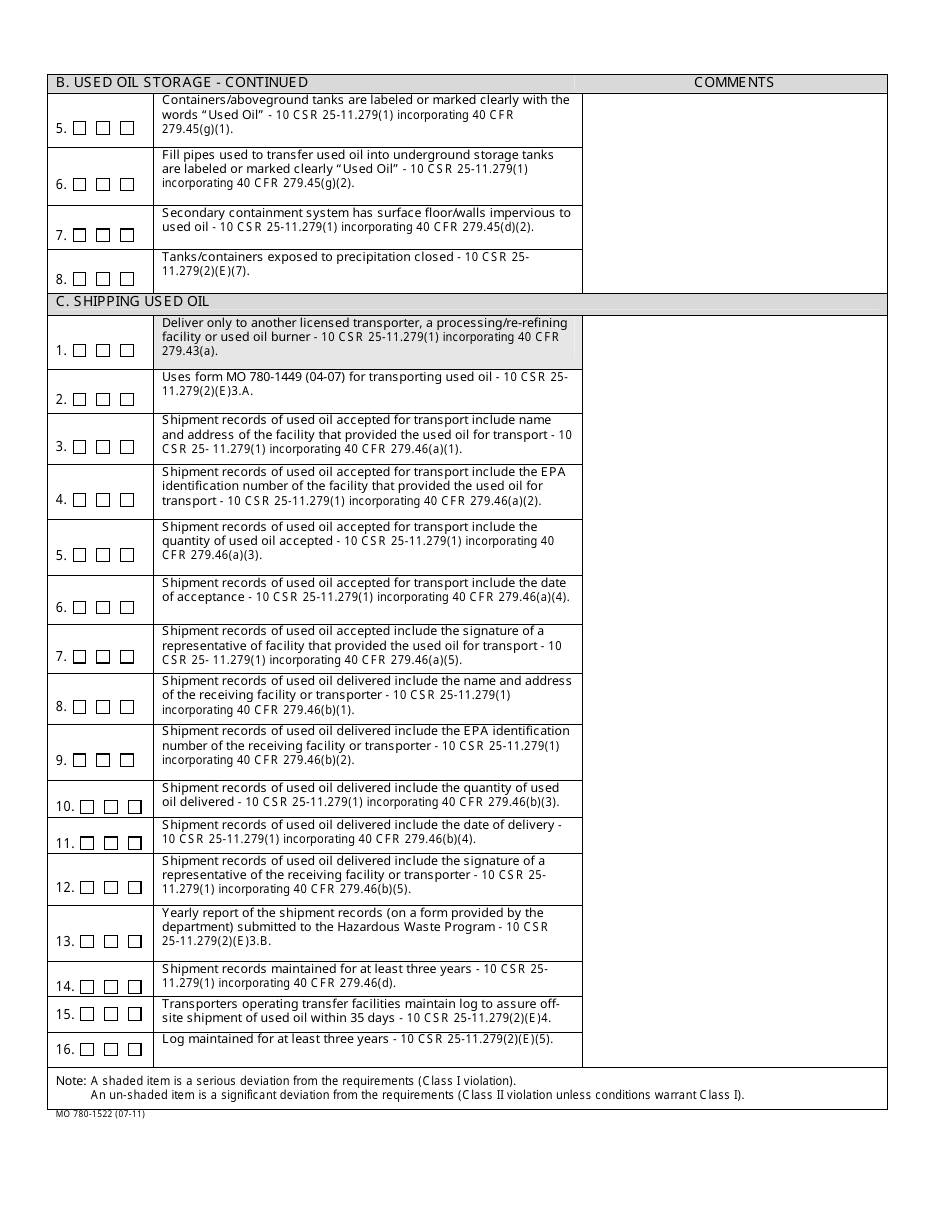 Form MO780-1522 Used Oil Transporter and Transfer Facilities Inspection and Record Checklist - Missouri, Page 2