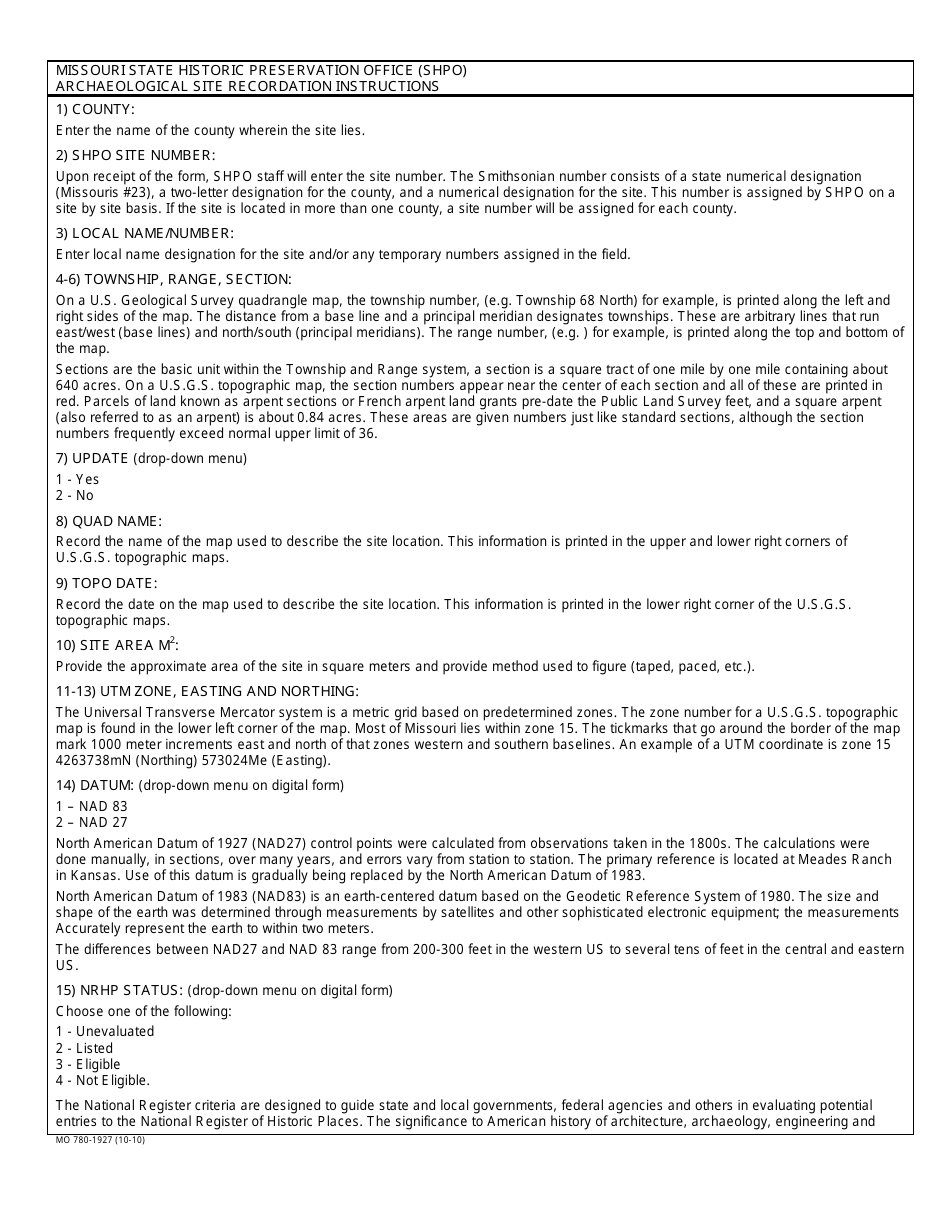 Form MO780-1927 Archaeological Site Recordation - Missouri, Page 3