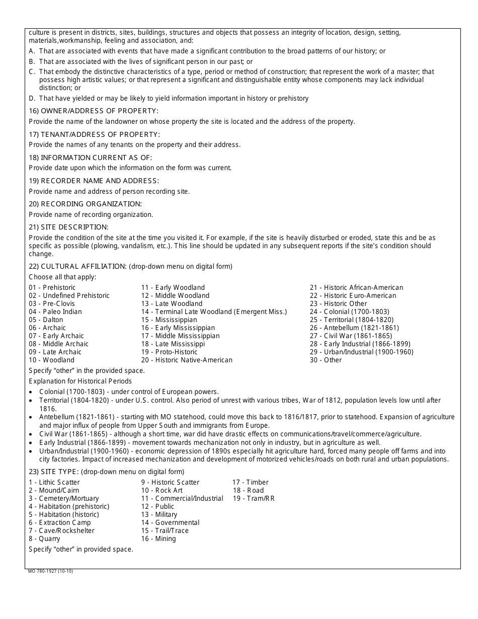 Form MO780-1927 Archaeological Site Recordation - Missouri, Page 4