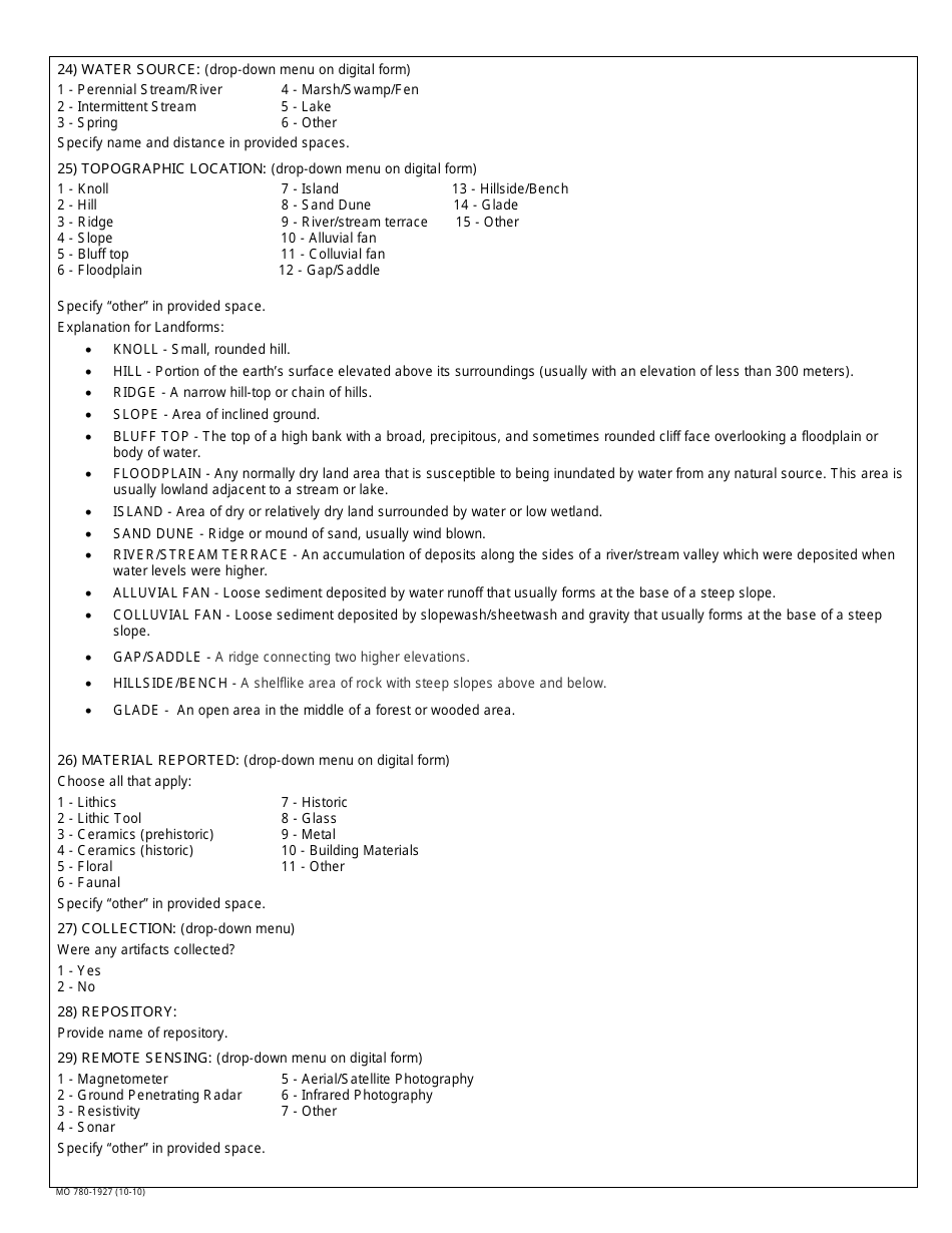 Form MO780-1927 Archaeological Site Recordation - Missouri, Page 5