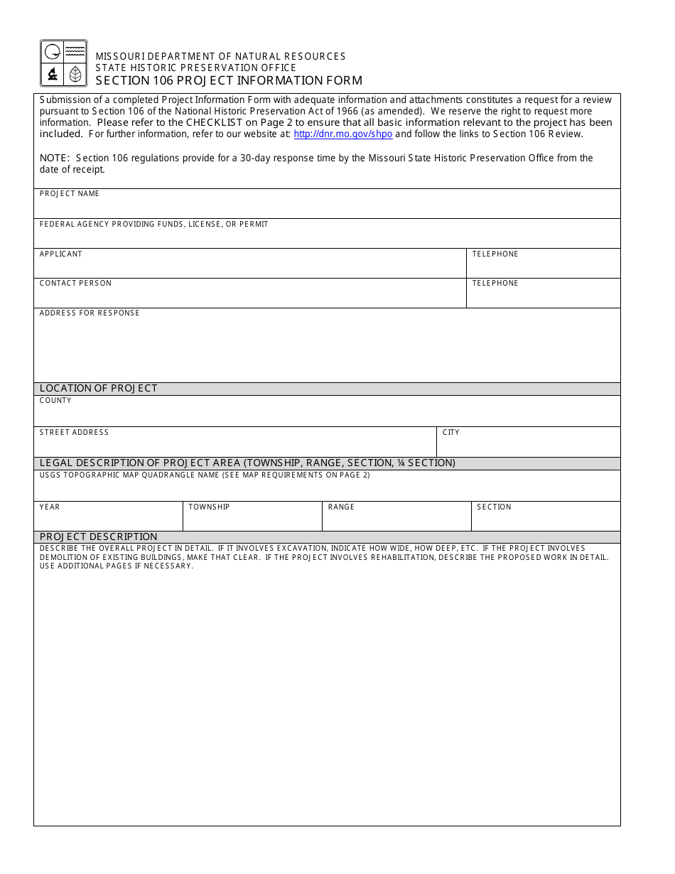 Form 780-1027 Section 106 Project Information Form - Missouri, Page 1
