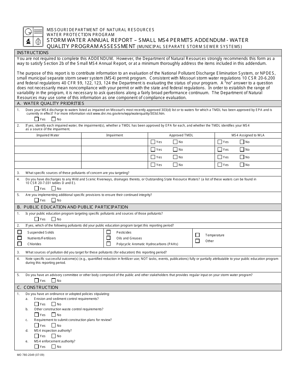 Form MO780-2049 Stormwater Annual Report - Small Ms4 Permits Addendum - Water Quality Program Assessment (Municipal Separate Storm Sewer System) - Missouri, Page 1