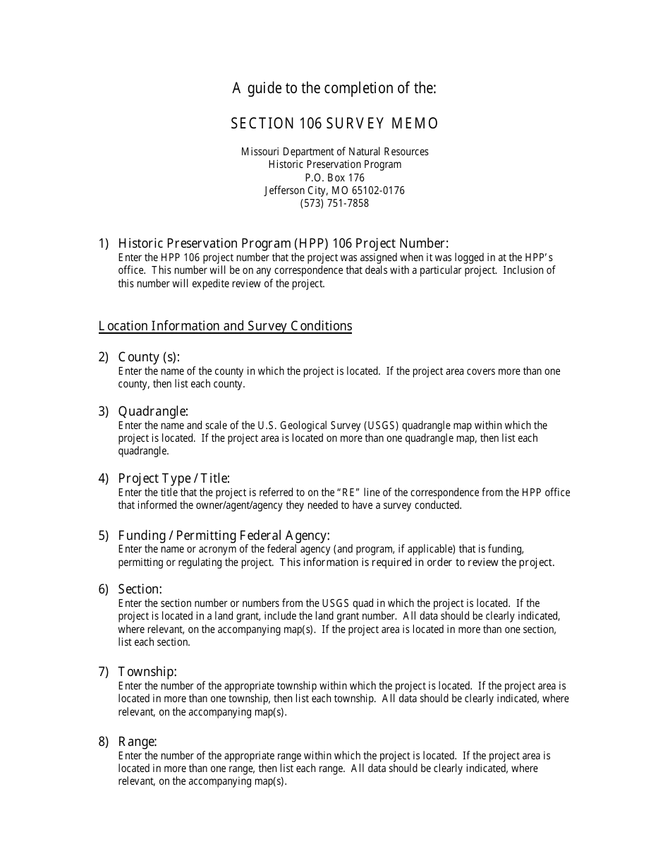 Instructions for Form MO780-1718 Section 106 Survey Memo - Missouri, Page 1