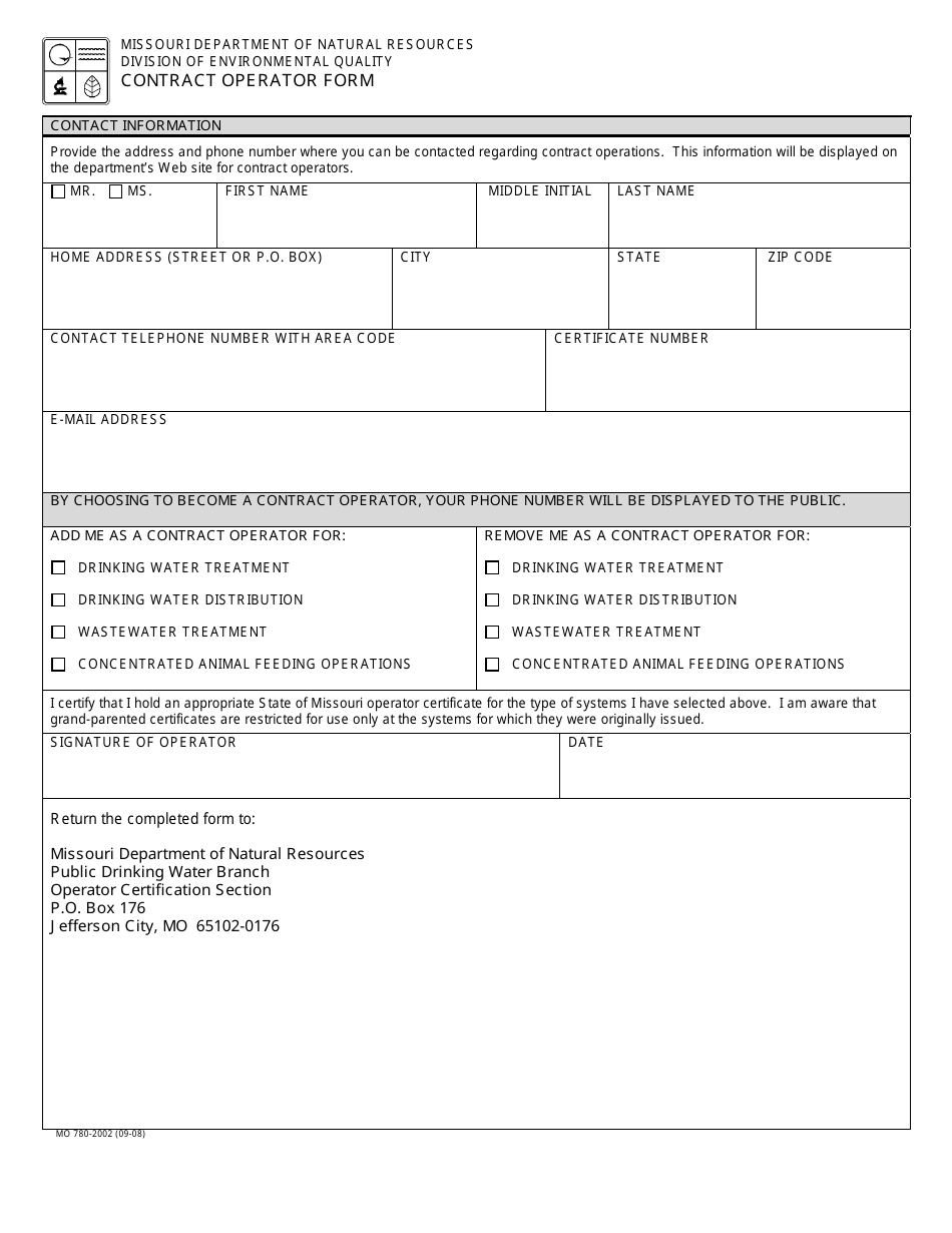 Form MO780-2002 Contract Operator Form - Missouri, Page 1