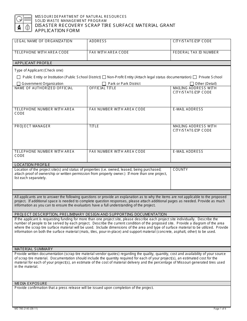 Form MO780-2145 Disaster Recovery Scrap Tire Surface Material Grant Application Form - Missouri, Page 1