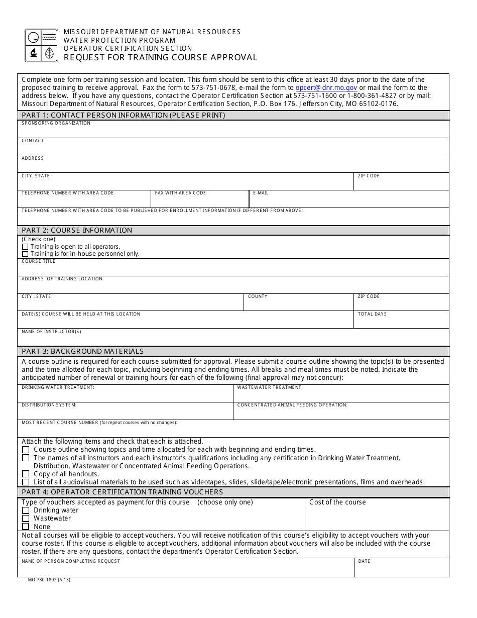 Form MO780-1892 Request for Training and Course Approval - Missouri, Page 1