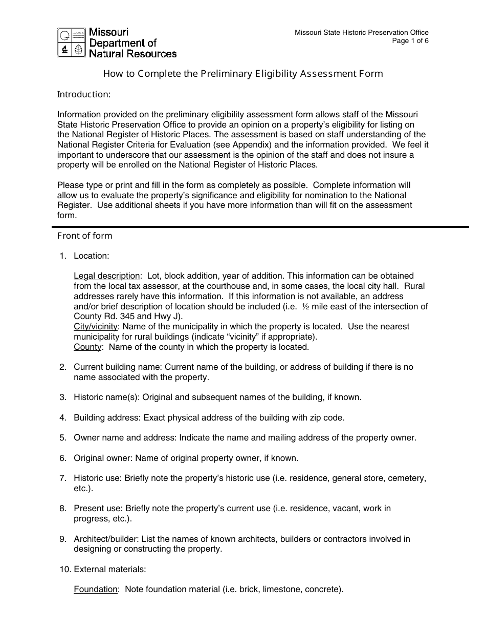 Instructions for Form MO780-1878 Preliminary National Register of Historic Places Eligibility Assessment - Missouri, Page 1