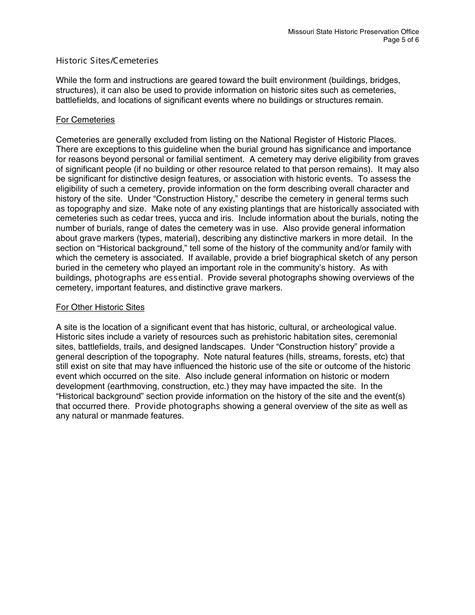 Instructions for Form MO780-1878 Preliminary National Register of Historic Places Eligibility Assessment - Missouri, Page 5