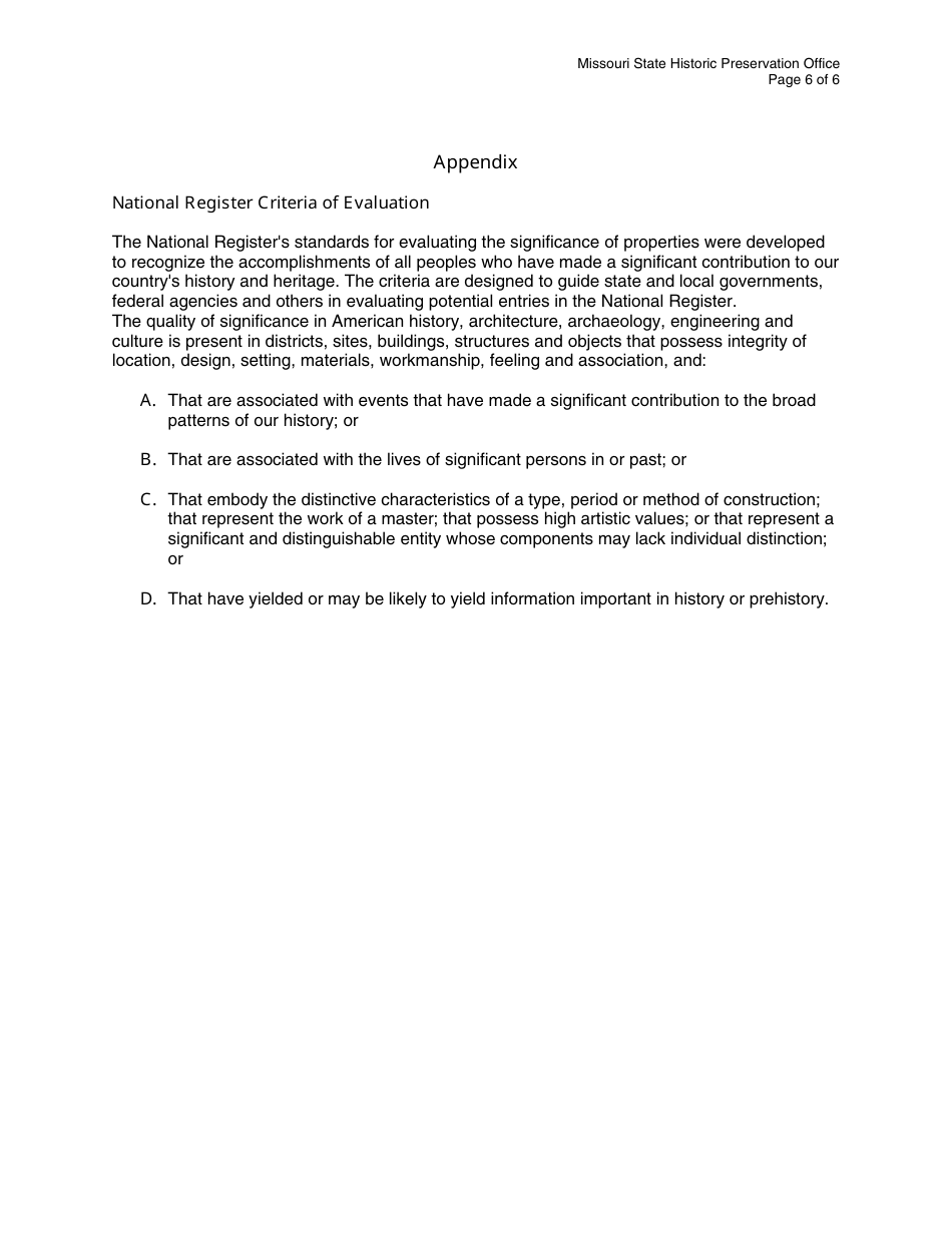 Instructions for Form MO780-1878 Preliminary National Register of Historic Places Eligibility Assessment - Missouri, Page 6