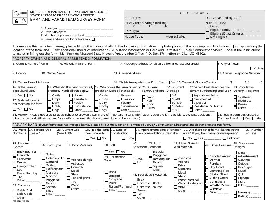 Form 780-2126 Barn and Farmstead Survey Form - Missouri, Page 1