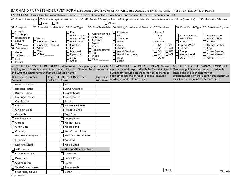 Form 780-2126 Barn and Farmstead Survey Form - Missouri, Page 2