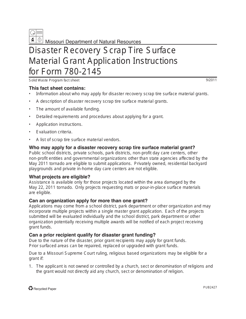 Instructions for Form MO780-2145 Disaster Recovery Scrap Tire Surface Material Grant Application Form - Missouri, Page 1