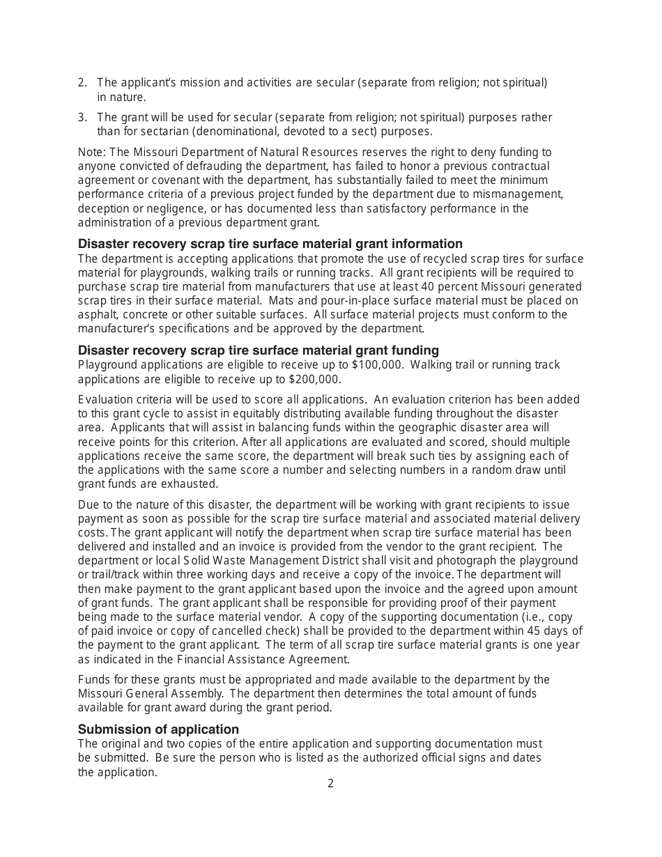 Instructions for Form MO780-2145 Disaster Recovery Scrap Tire Surface Material Grant Application Form - Missouri, Page 2