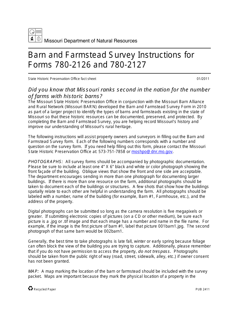 Instructions for Form 780-2126, 780-2127 Barn and Farmstead Survey - Missouri, Page 1