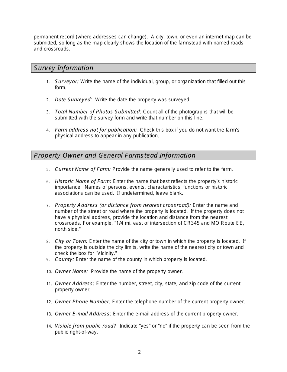 Instructions for Form 780-2126, 780-2127 Barn and Farmstead Survey - Missouri, Page 2