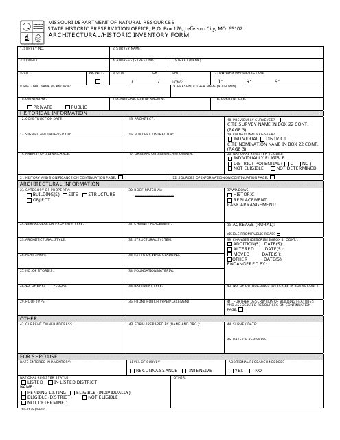 Form 780-2125 Architectural/Historic Inventory Form - Missouri
