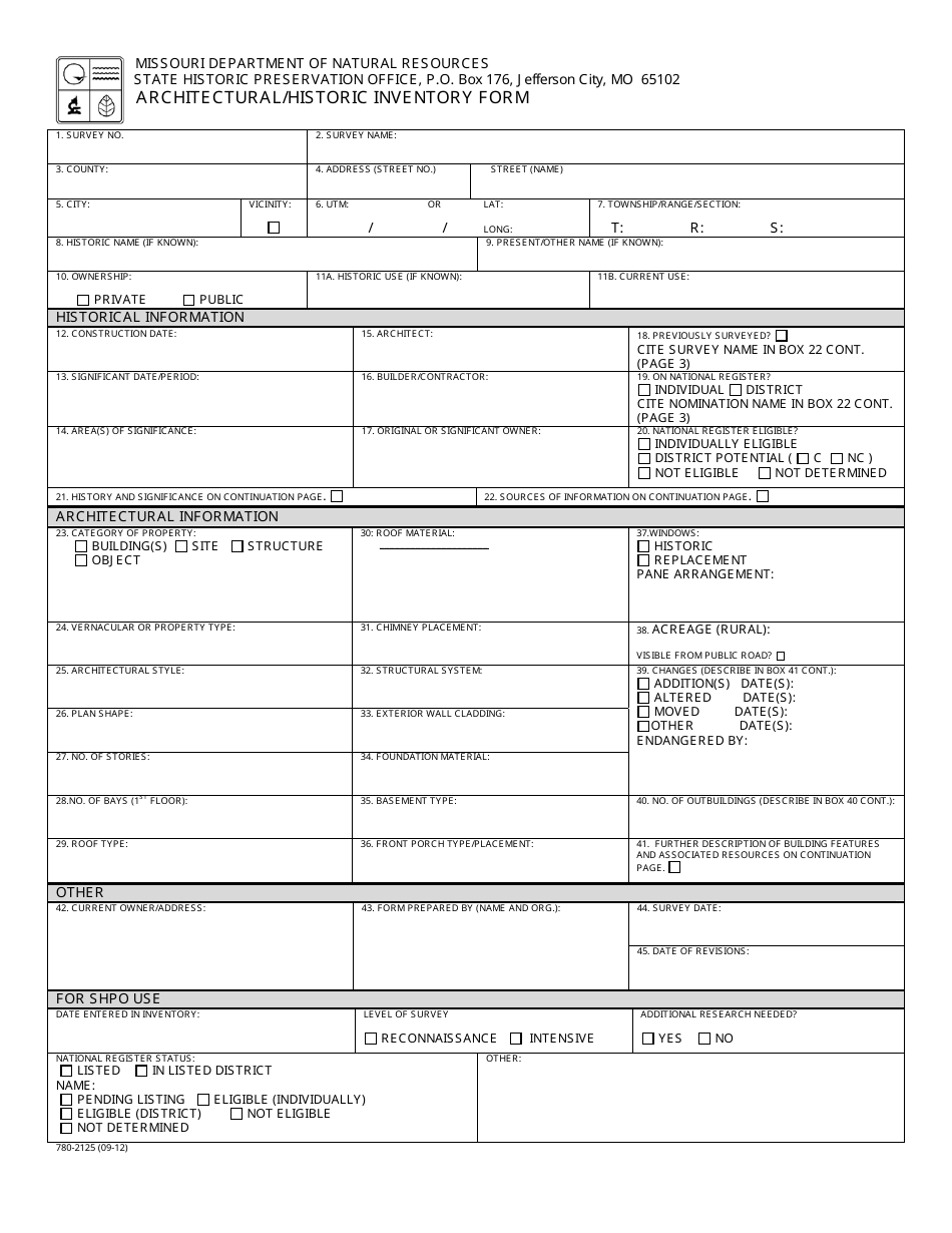 Form 780-2125 Architectural / Historic Inventory Form - Missouri, Page 1