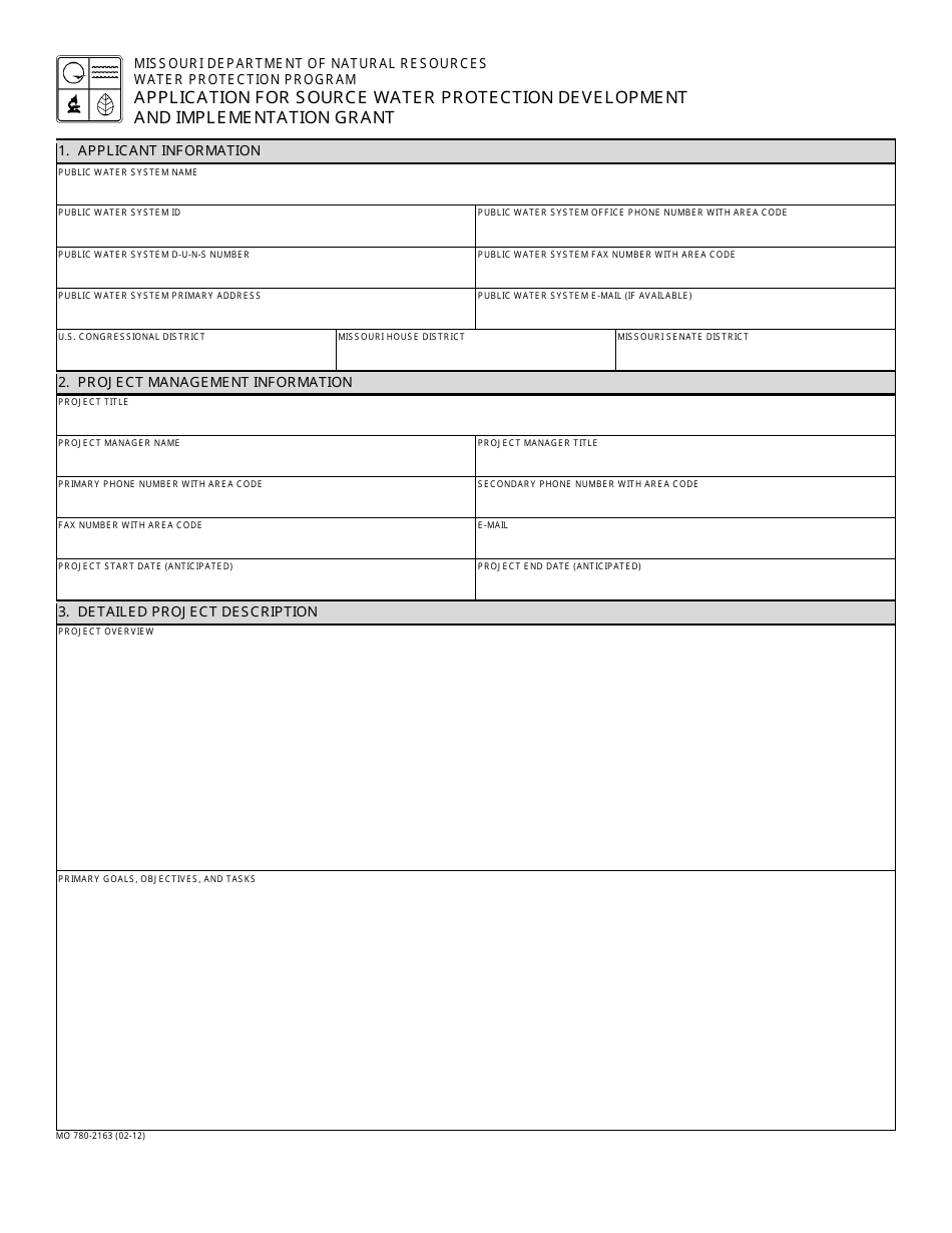 Form MO780-2163 Application for Source Water Protection Development and Implementation Grant - Missouri, Page 1