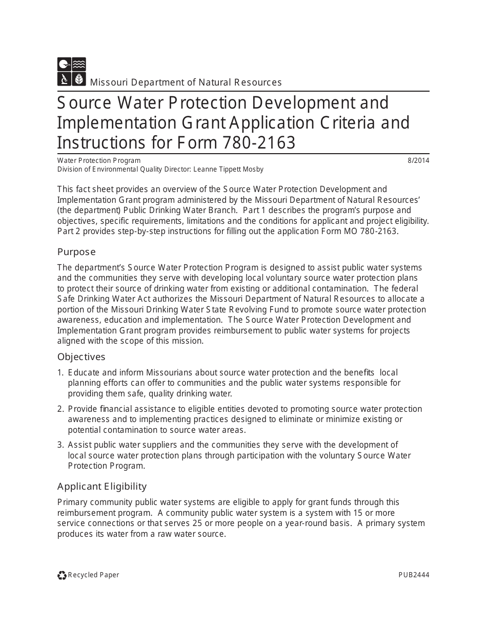 Instructions for Form MO780-2163 Application for Source Water Protection Development and Implementation Grant - Missouri, Page 1