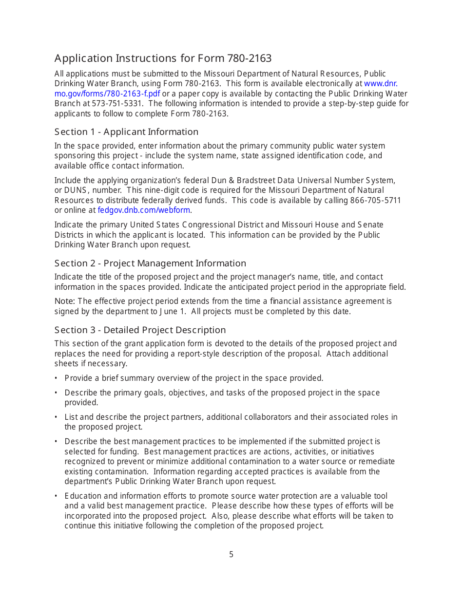 Instructions for Form MO780-2163 Application for Source Water Protection Development and Implementation Grant - Missouri, Page 5