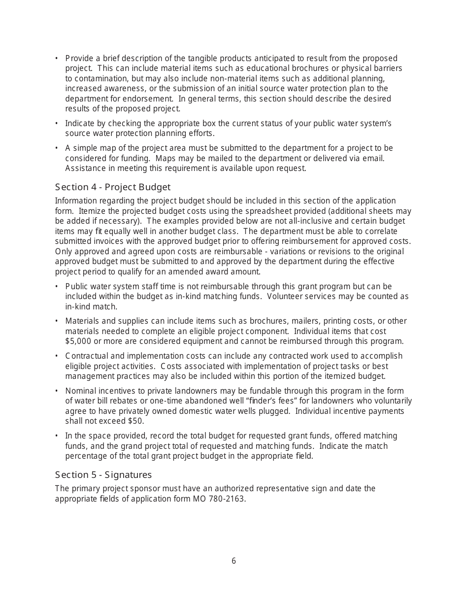 Instructions for Form MO780-2163 Application for Source Water Protection Development and Implementation Grant - Missouri, Page 6