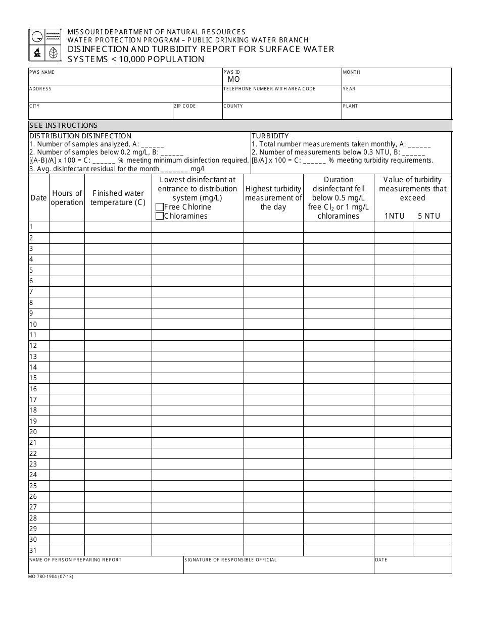 Form MO780-1904 Disinfection and Turbidity Report for Surface Water Systems 10,000 Population - Missouri, Page 1