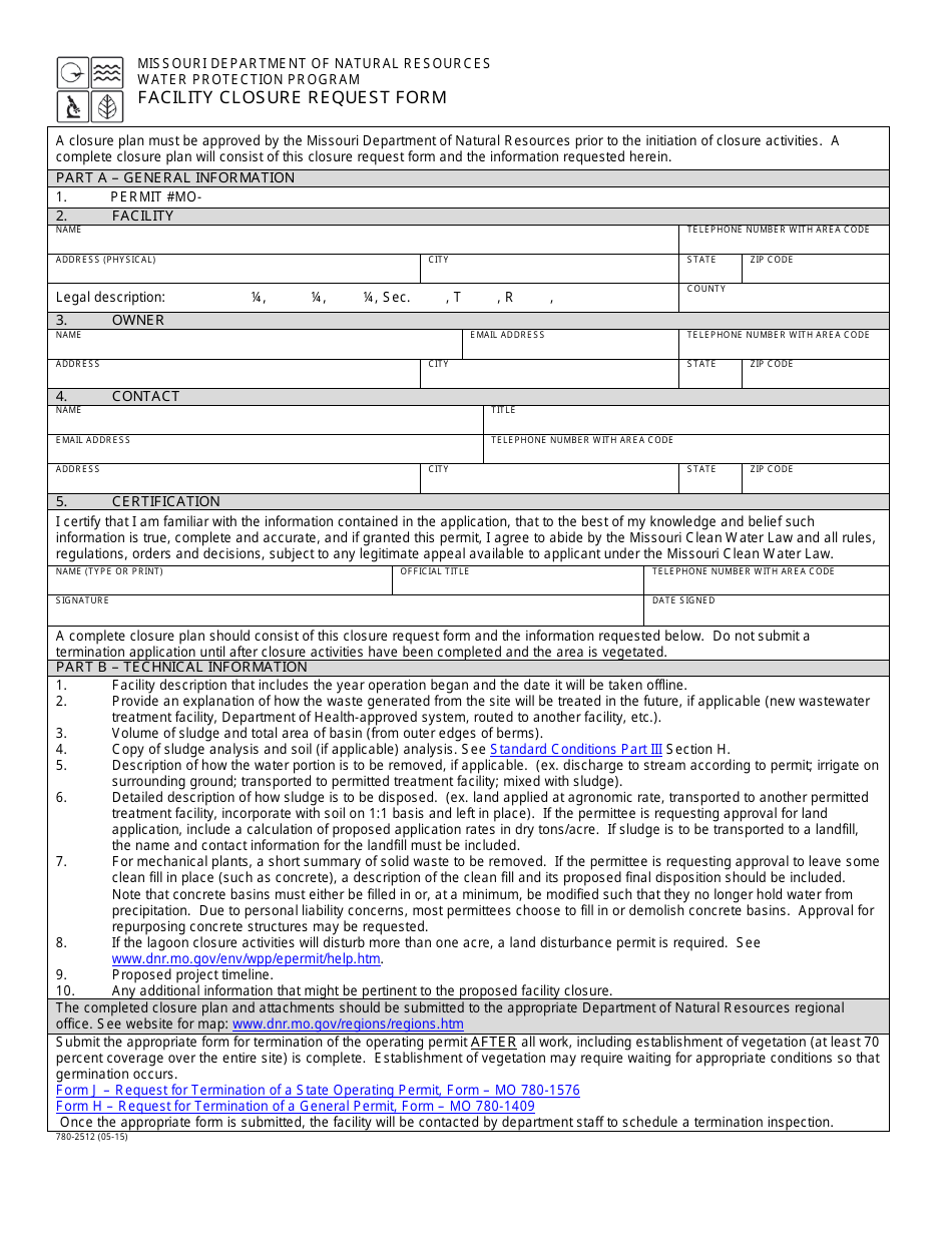 Form MO780-2512 Facility Closure Request Form - Missouri, Page 1