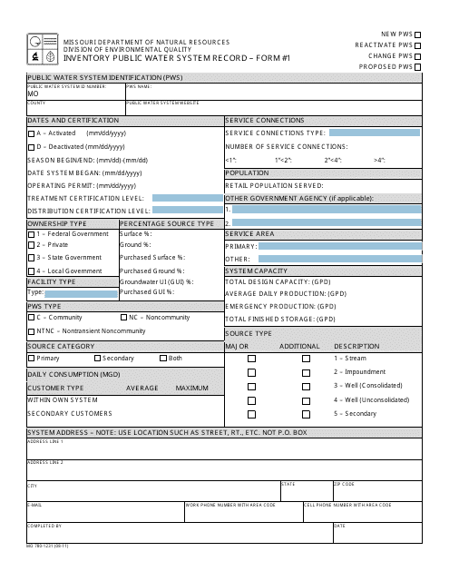 Form MO780-1231 (1) Inventory Public Water System Record - Missouri