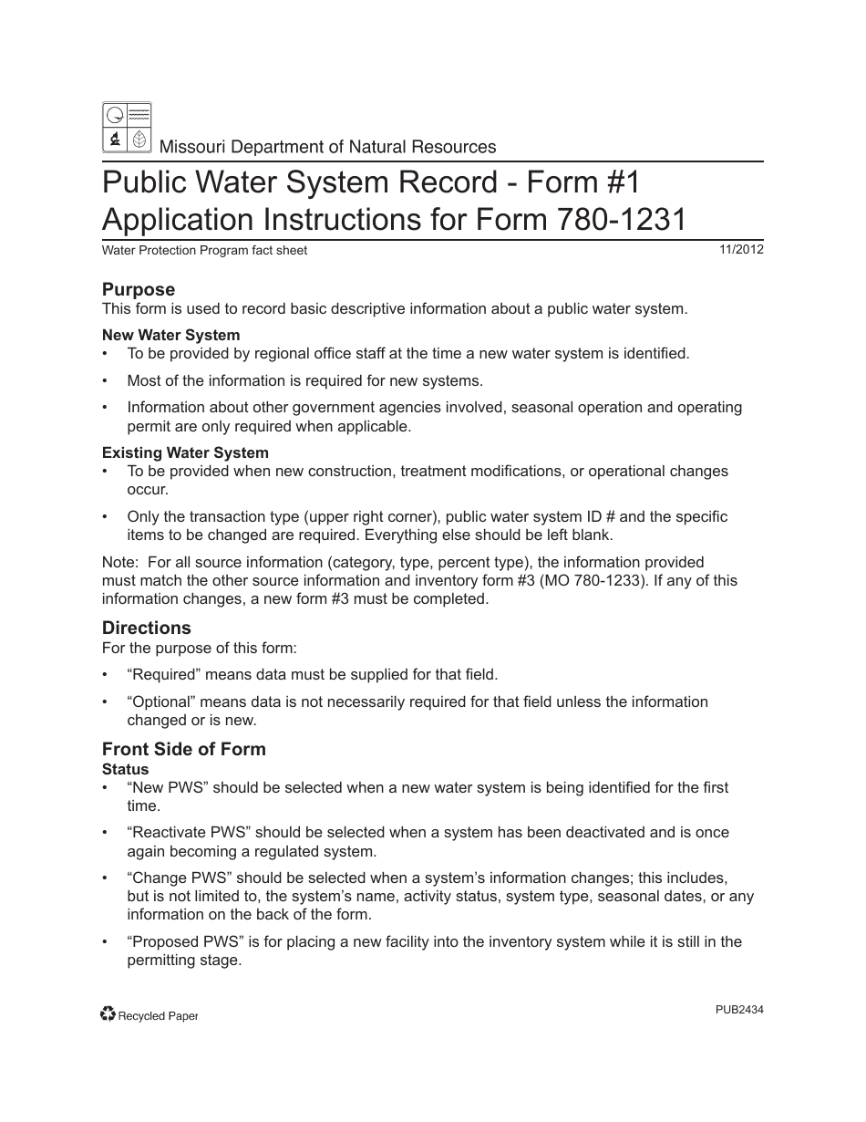 Instructions for Form MO780-1231, 1 Inventory Public Water System Record - Missouri, Page 1