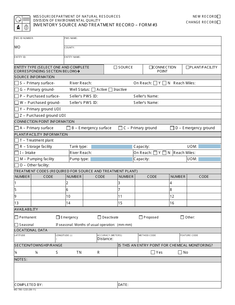 Form MO780-1233 Inventory Source and Treatment Record - Missouri, Page 1