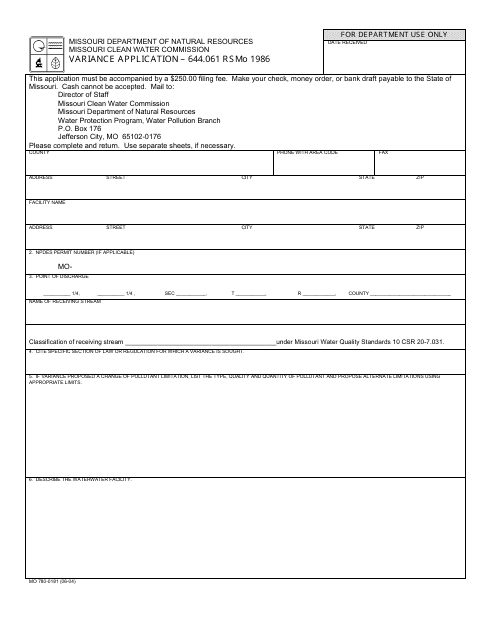 Form MO780-0181 Variance Application - 644.061 Rsmo 1986 - Missouri