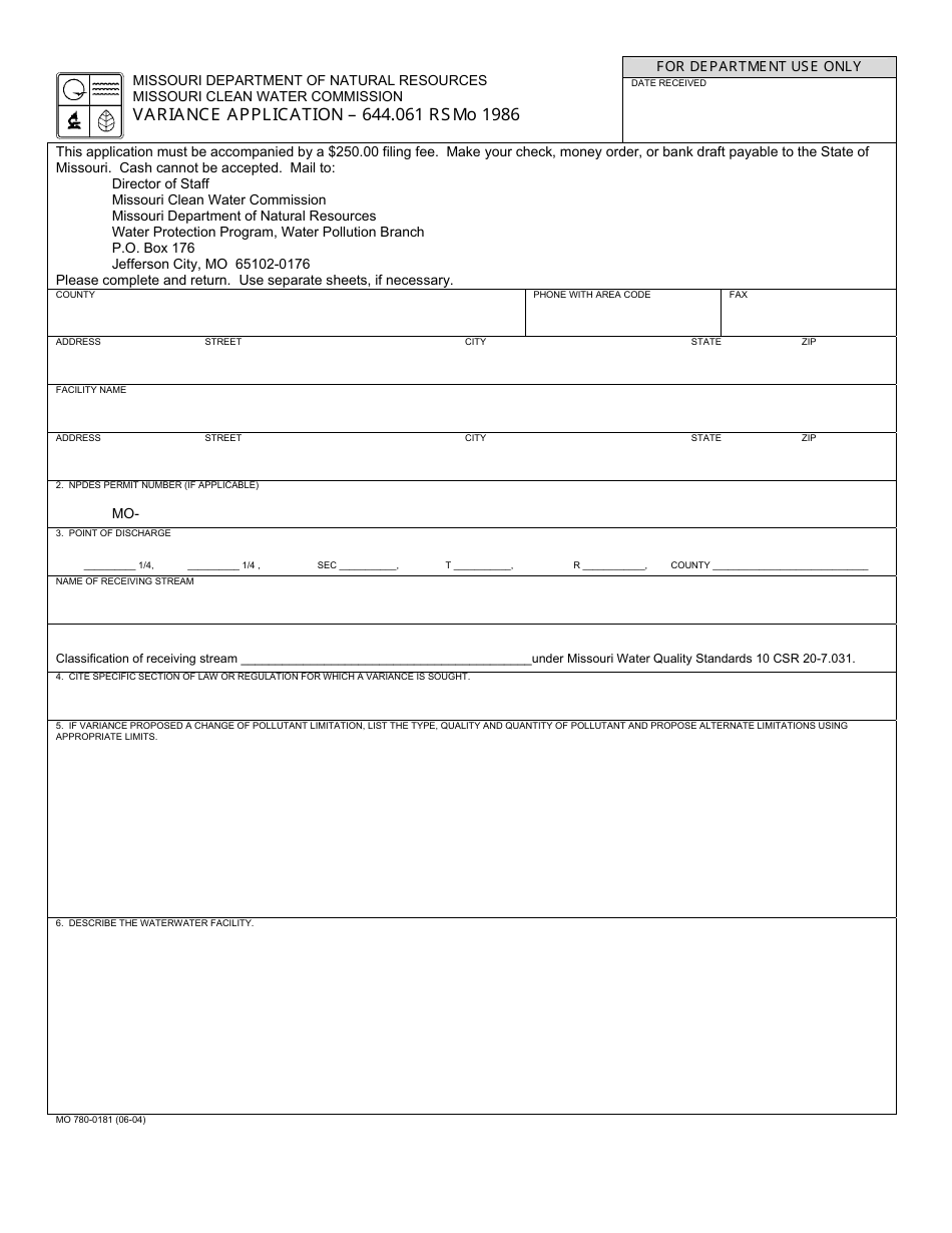 Form MO780-0181 Variance Application - 644.061 Rsmo 1986 - Missouri, Page 1