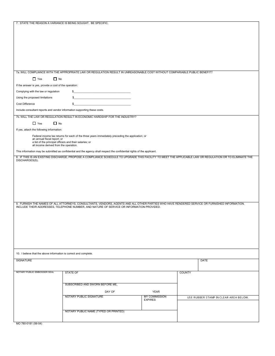 Form MO780-0181 Variance Application - 644.061 Rsmo 1986 - Missouri, Page 2