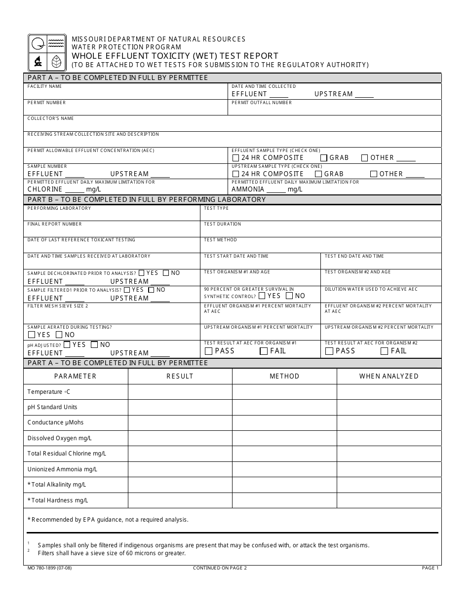 Form MO780-1899 Whole Effluent Toxicity (Wet) Test Report - Missouri, Page 1