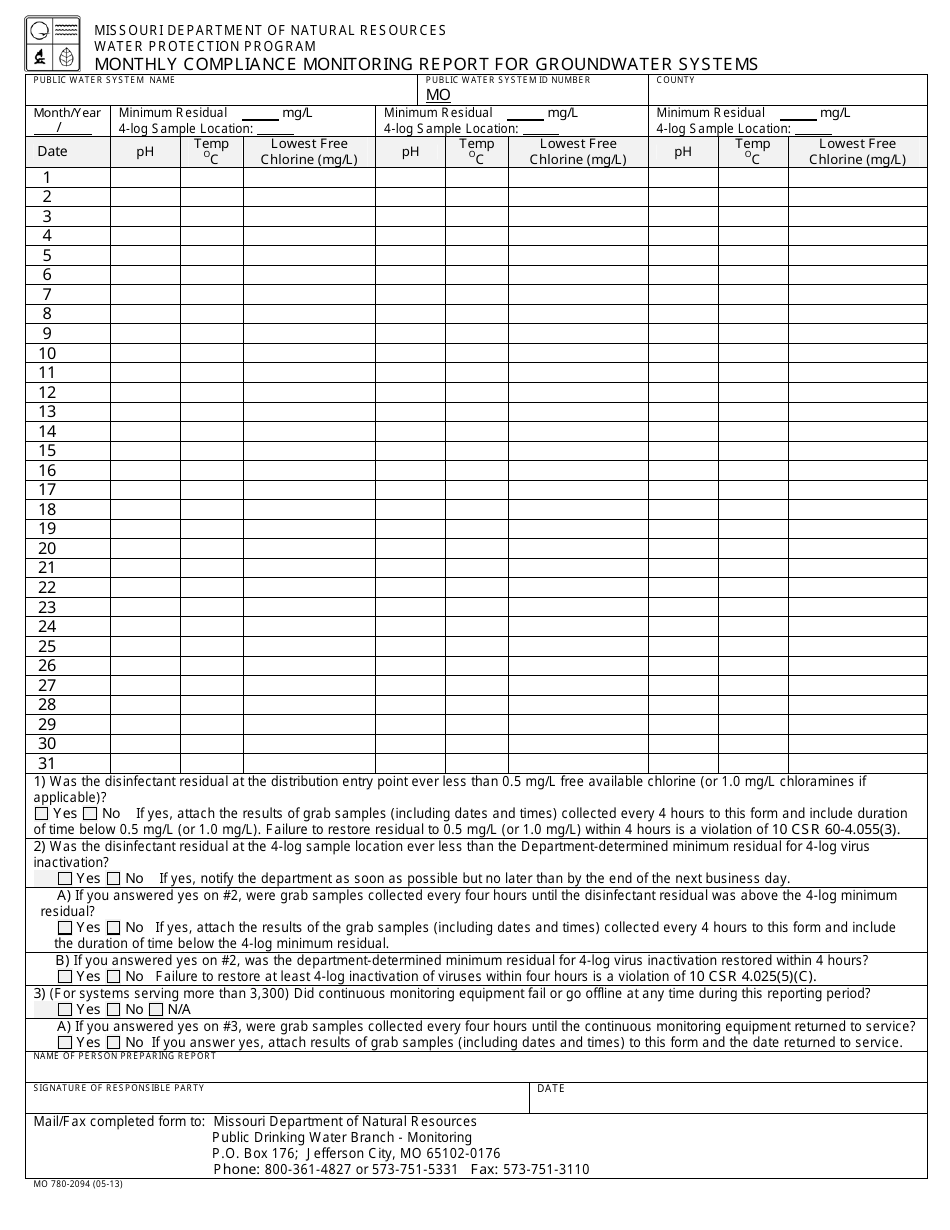 Form MO780-2094 Monthly Compliance Monitoring Report for Groundwater Systems - Missouri, Page 1