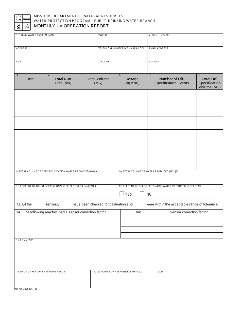 Form MO780-2208 Monthly Uv Operation Report - Missouri, Page 1